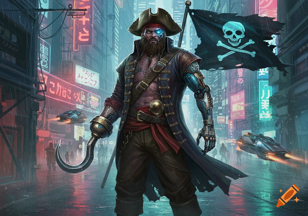 A fierce cyberpunk pirate with a bionic arm and hook stands on a rainy city street, holding a tattered Jolly Roger flag.
