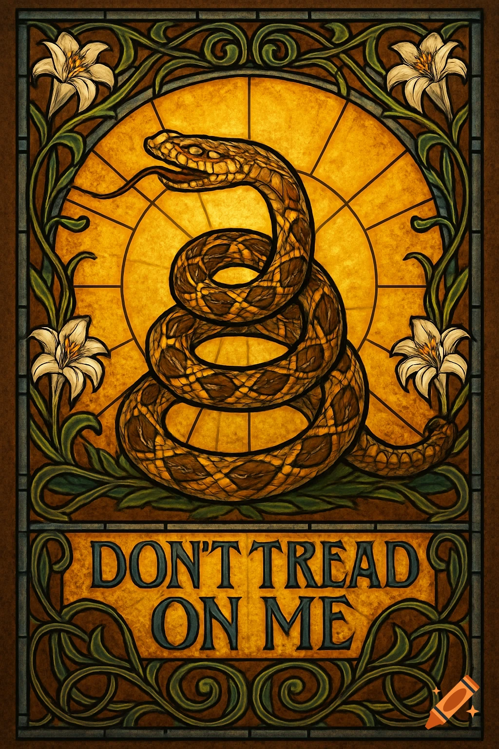 Art Nouveau stained glass depiction of a coiled rattlesnake with lilies and vines, above the text 'DON'T TREAD ON ME'.