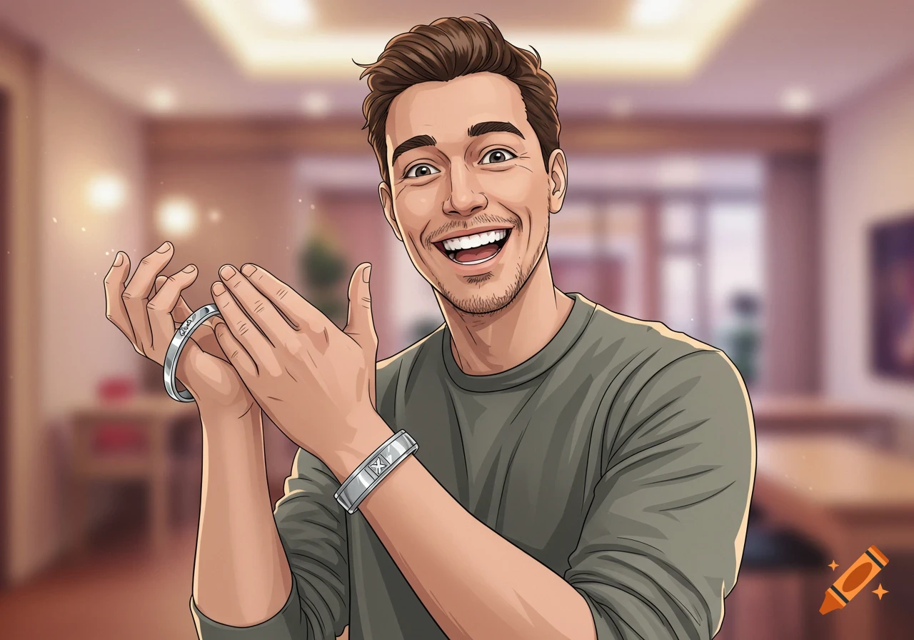 A happy man in cartoon style smiles broadly while showing off a silver bracelet on his wrist and holding another one in his hands.