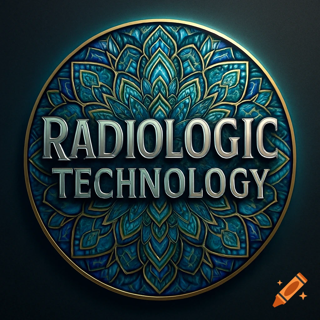 A round emblem with "RADIOLOGIC TECHNOLOGY" in silver 3D letters over a teal and gold kaleidoscope pattern.