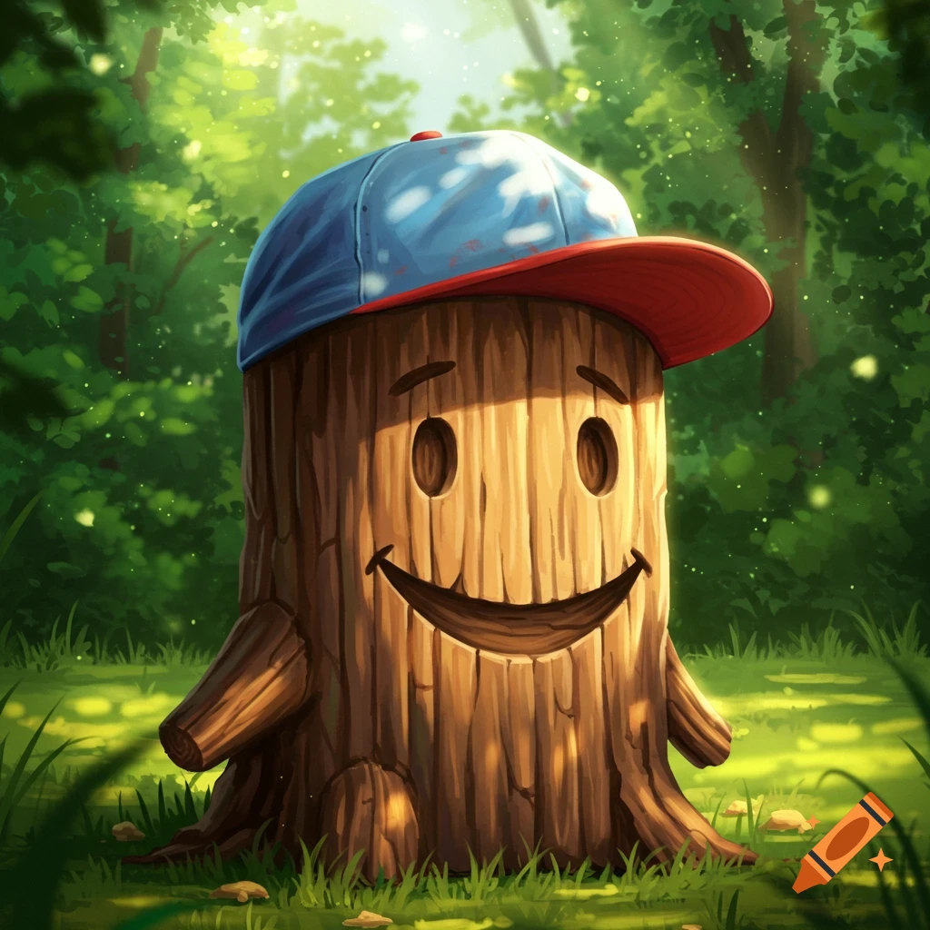 A cheerful cartoon log character with a carved smiley face wears a blue and red baseball cap in a sunlit forest.