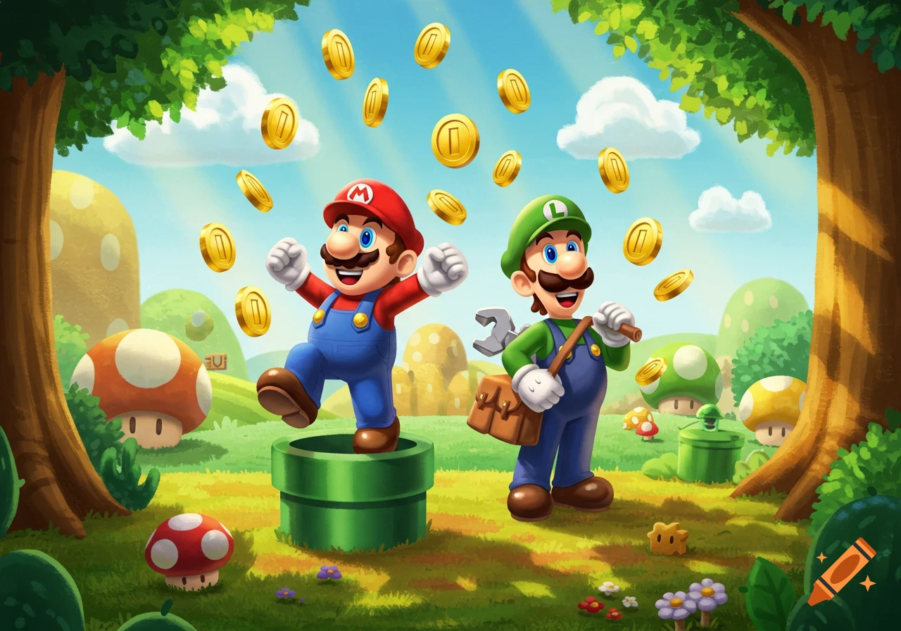 Mario and Luigi stand in a vibrant, cartoonish mushroom kingdom landscape with floating gold coins. Mario is on a green pipe while Luigi holds a wrench and bag.