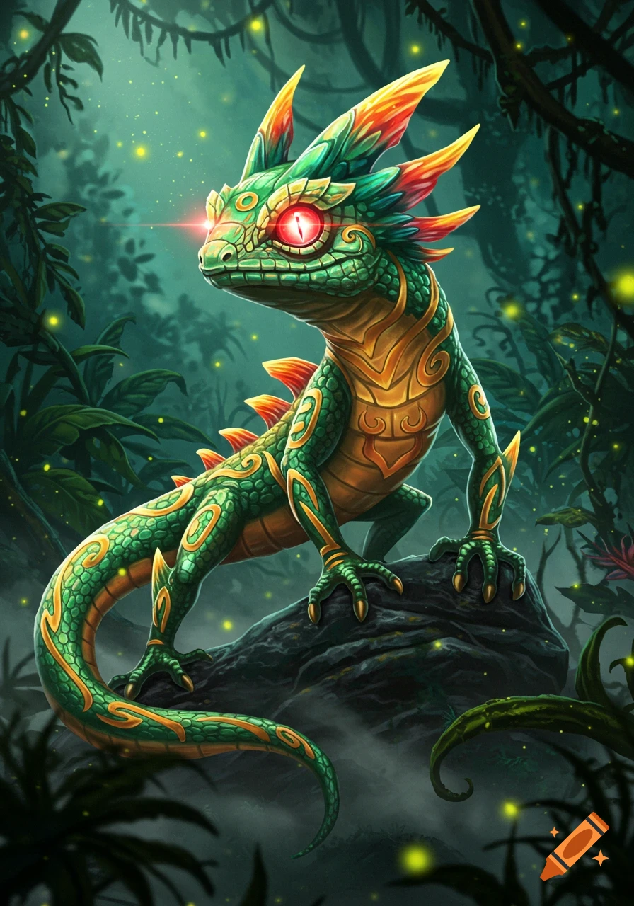 A vibrant green and gold fantasy lizard with glowing red eyes sits on a rock in a mystical jungle.