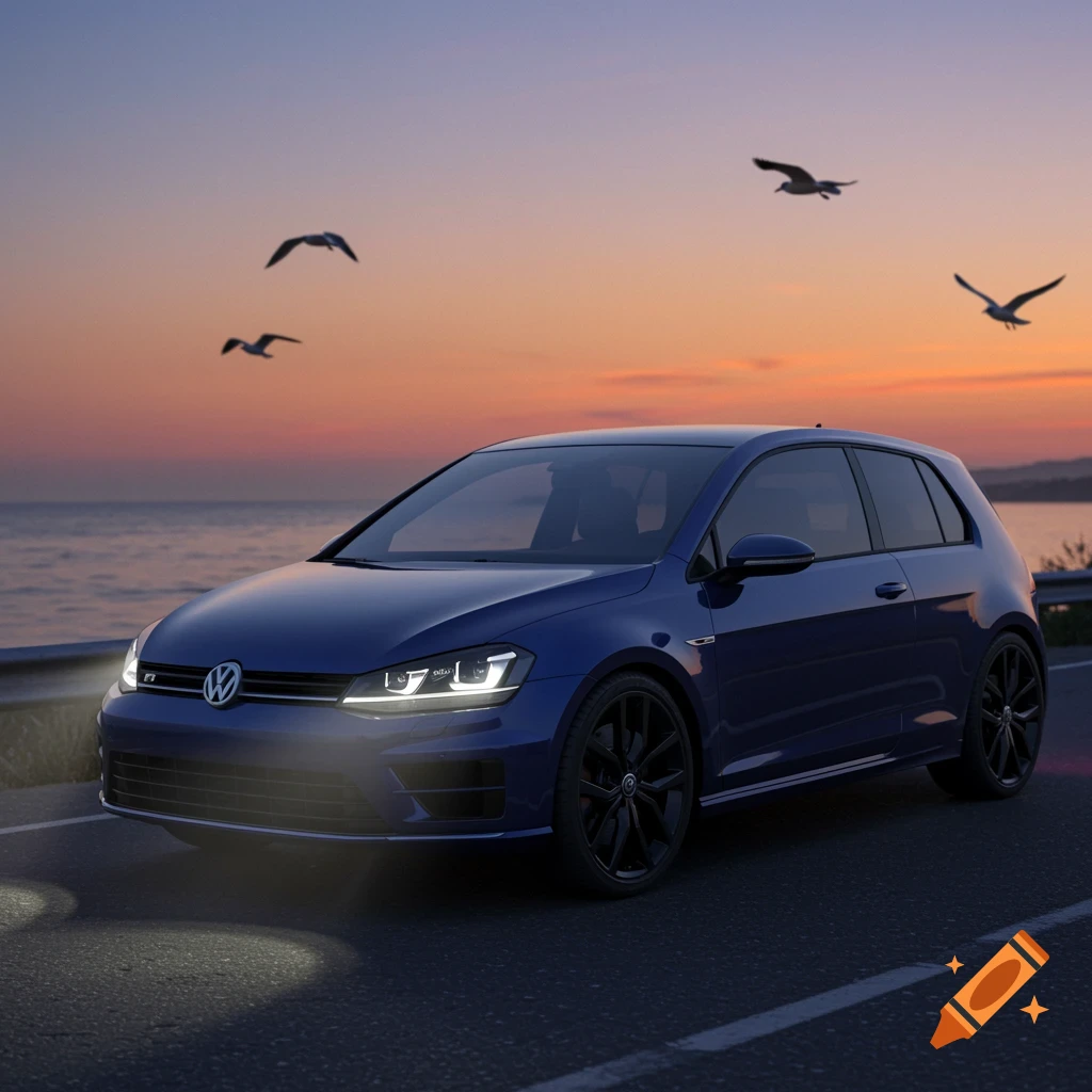 A blue Volkswagen Golf R parked on a coastal road at sunset, with seagulls flying over the ocean.