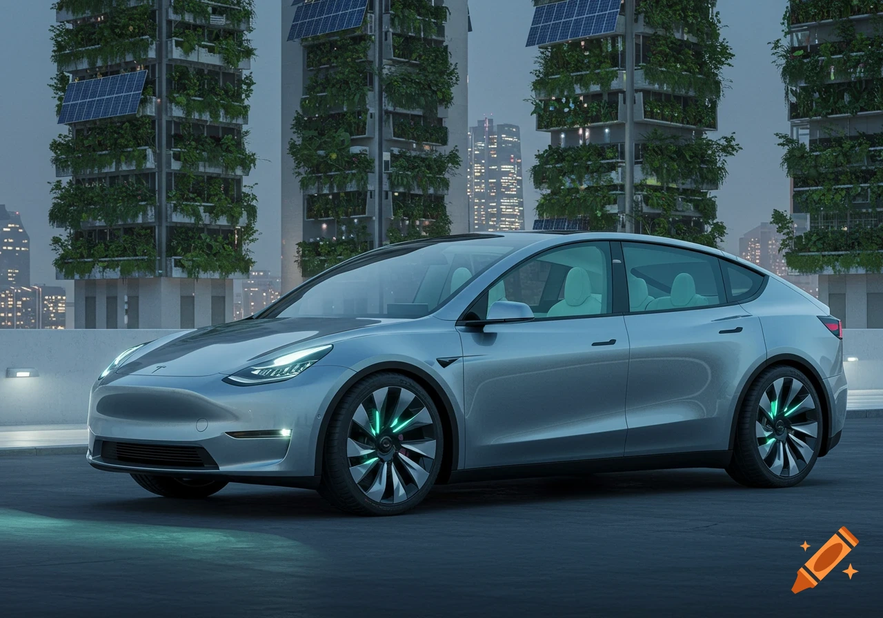 Silver Tesla car parked in front of modern buildings with vertical gardens and solar panels, cityscape at dusk.