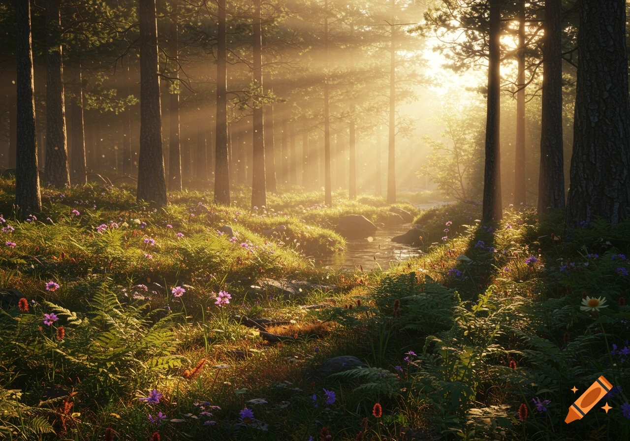 Sunbeams shine through tall trees onto a lush forest floor with wildflowers and a small stream in a photorealistic woodland.