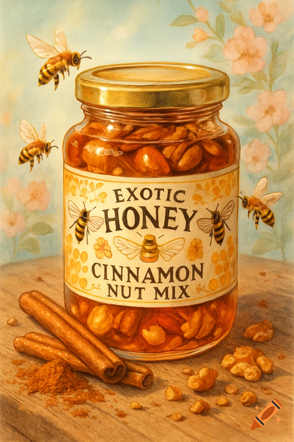 Watercolor illustration of a jar of 'Exotic Honey Cinnamon Nut Mix' with bees, cinnamon sticks, and nuts on a wooden table.