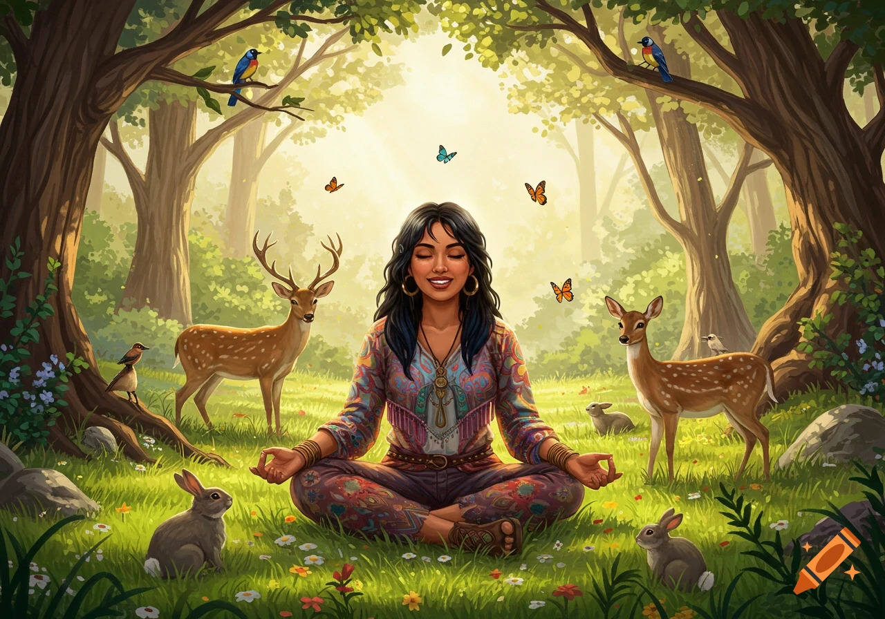 A smiling Hispanic woman meditates in a lush green forest, surrounded by deer, rabbits, birds, and butterflies, in a digital painting style.