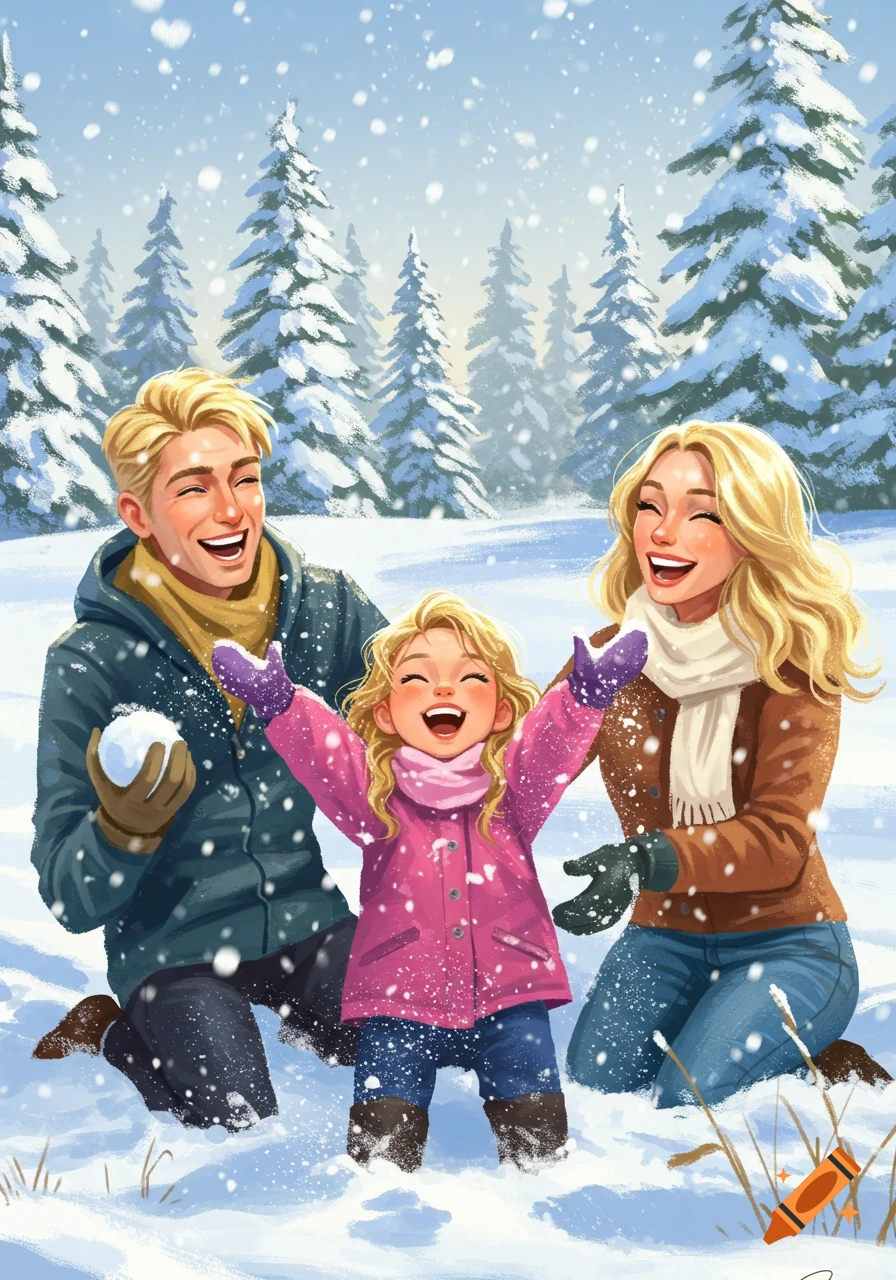A joyful blonde family, a man, woman, and child, playing in a snowy forest, throwing snowballs in a vibrant illustration.