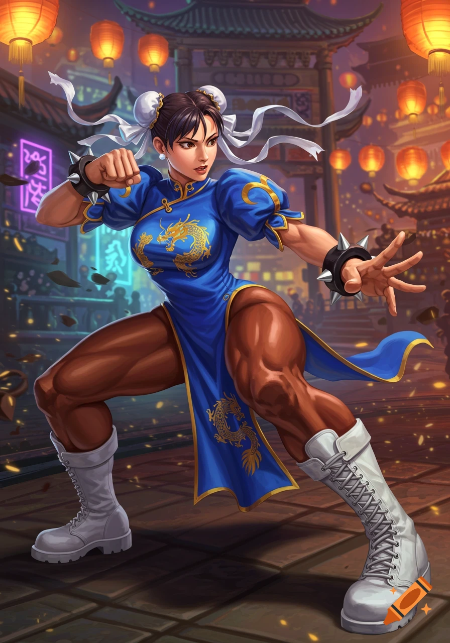 An illustrated portrait of Chun-Li from Street Fighter, in her blue qipao and white boots, in a fighting stance in a vibrant Asian street.