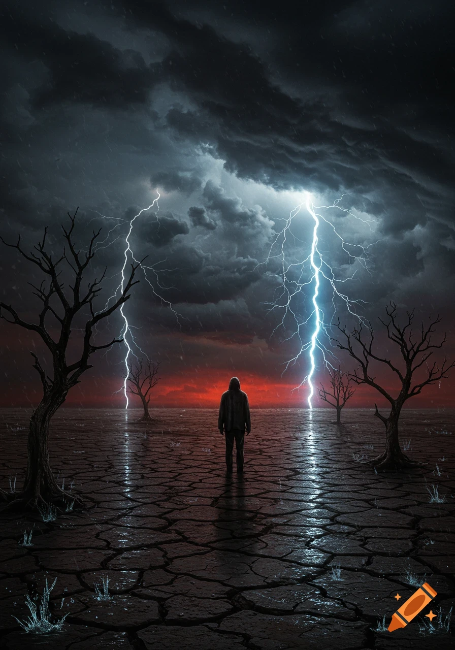 A lone figure stands in a cracked, desolate landscape under a dark, stormy sky with multiple lightning strikes.