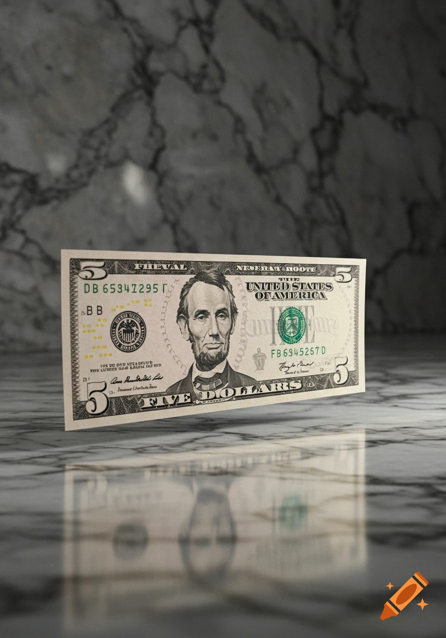 A five-dollar bill stands upright on a reflective marble surface, with a marble background.