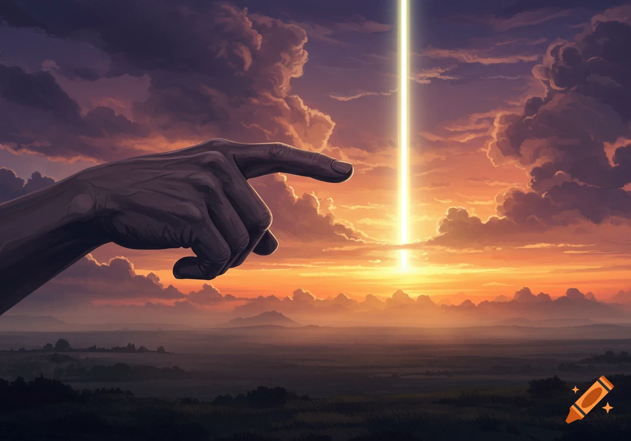 A giant hand points at a brilliant light beam descending from a dramatic sunset sky over a vast landscape.