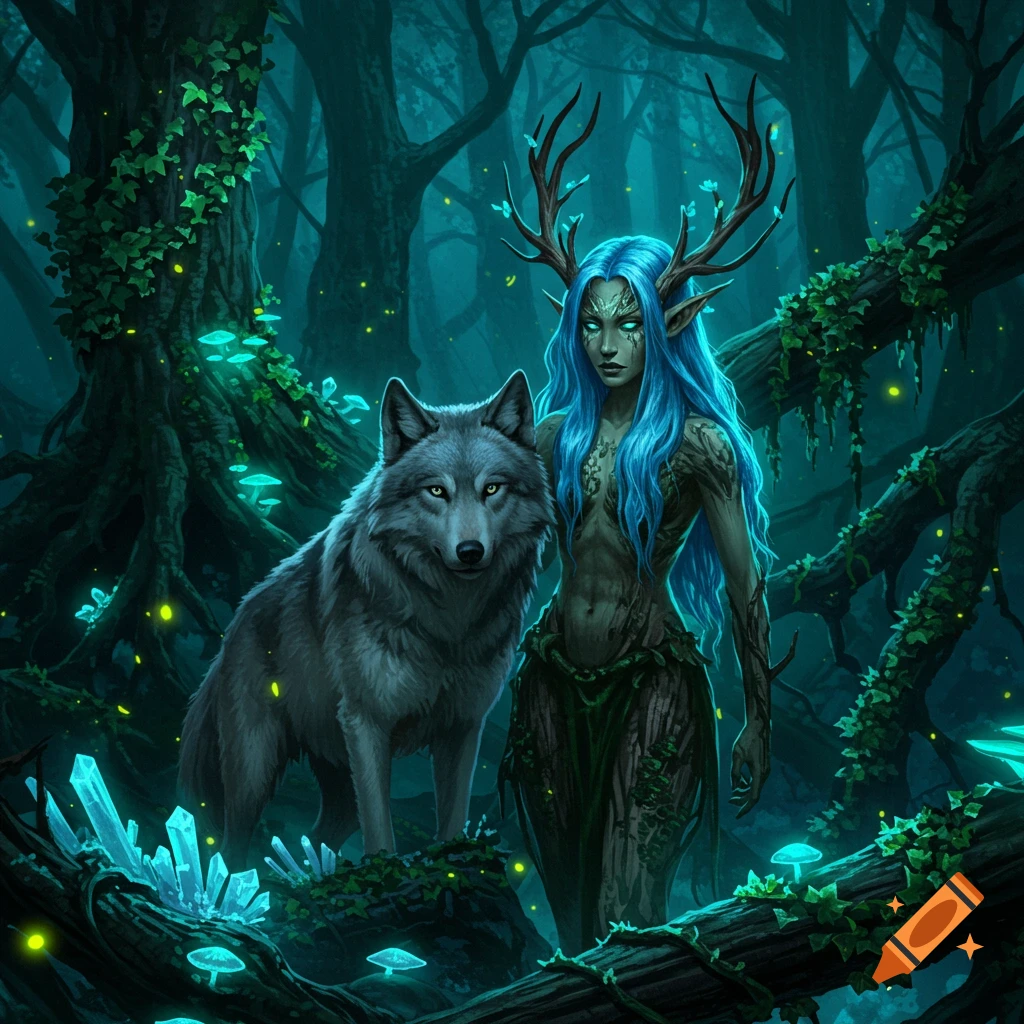 A blue-haired, antlered dryad stands with a grey wolf in a dark, mystical forest with glowing blue mushrooms and crystals.