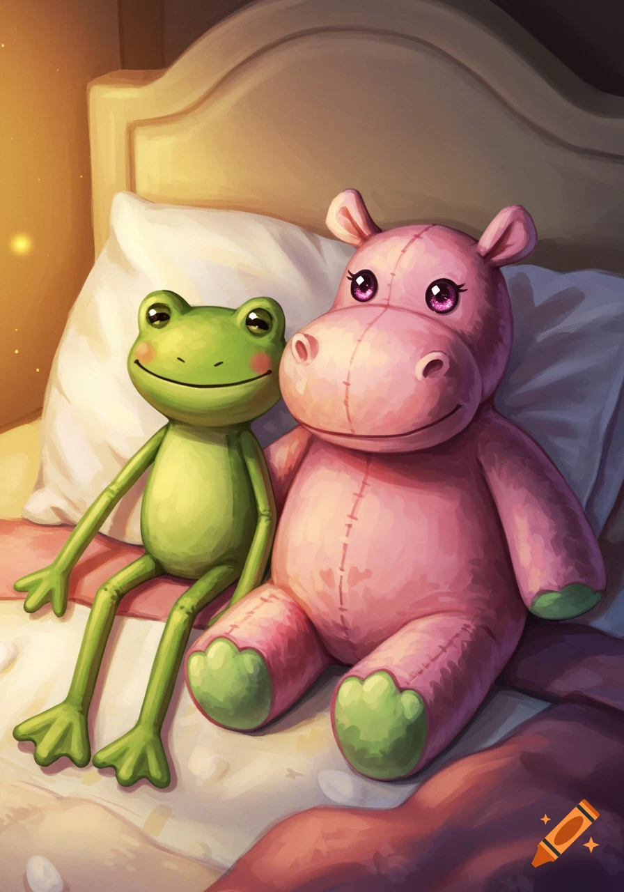 A green frog and a pink hippo stuffed animal sit on a soft bed in a cozy, warmly lit bedroom. Cute illustration.
