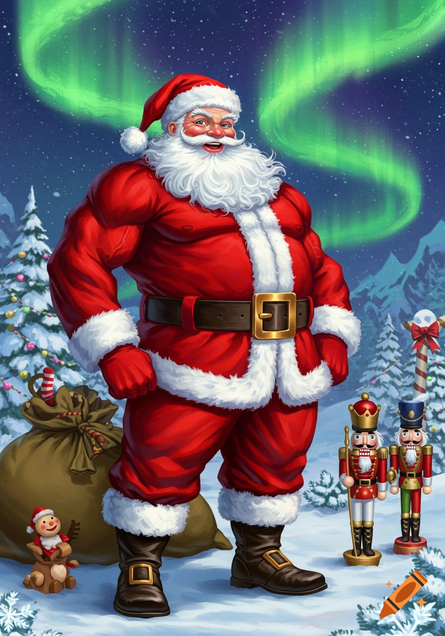 A muscular Santa Claus in a snowy landscape with a sack of gifts, a reindeer toy, and nutcrackers, under a green aurora.
