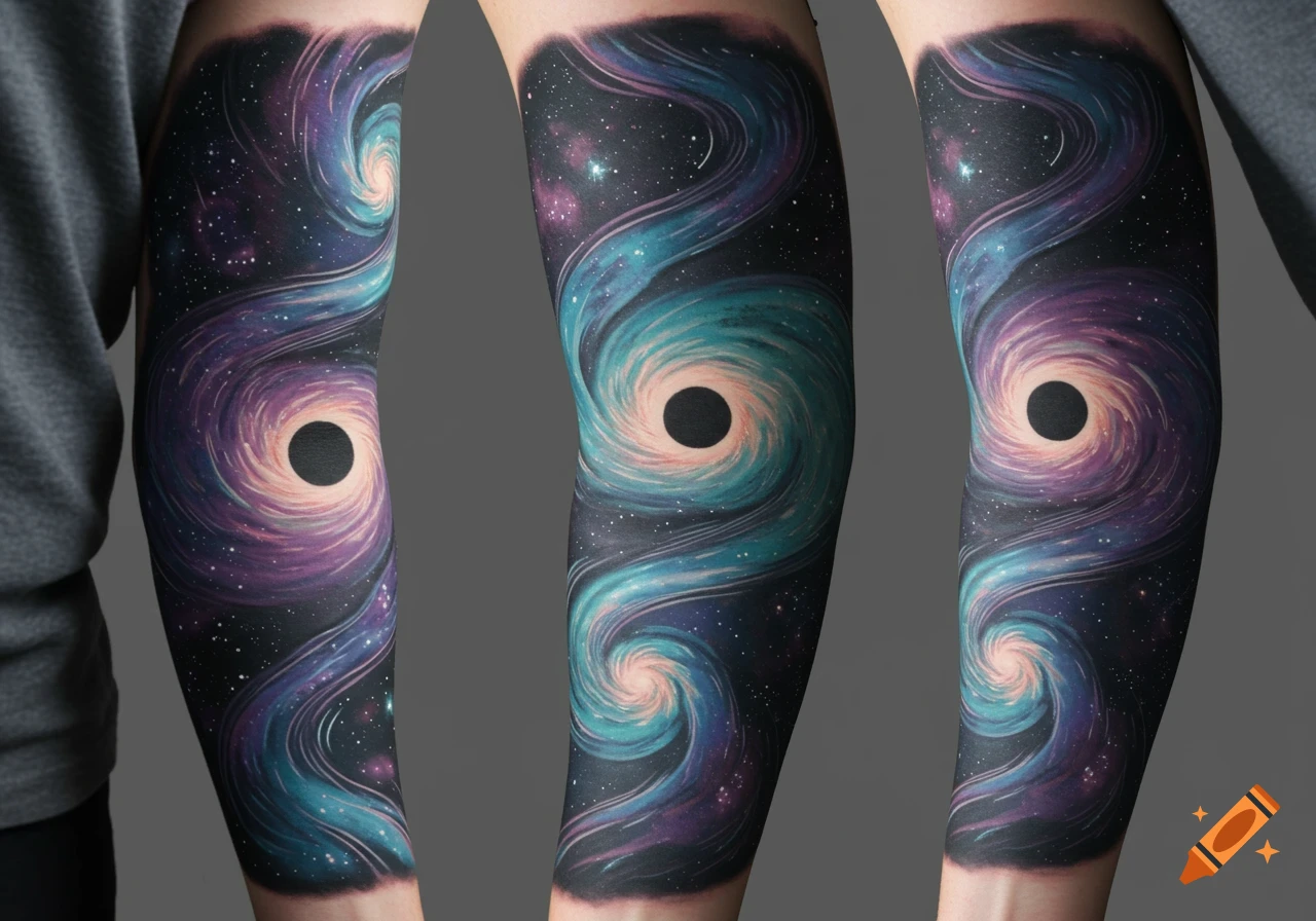 Close-up of an arm with a full-sleeve tattoo depicting multiple swirling galaxy and black hole designs.