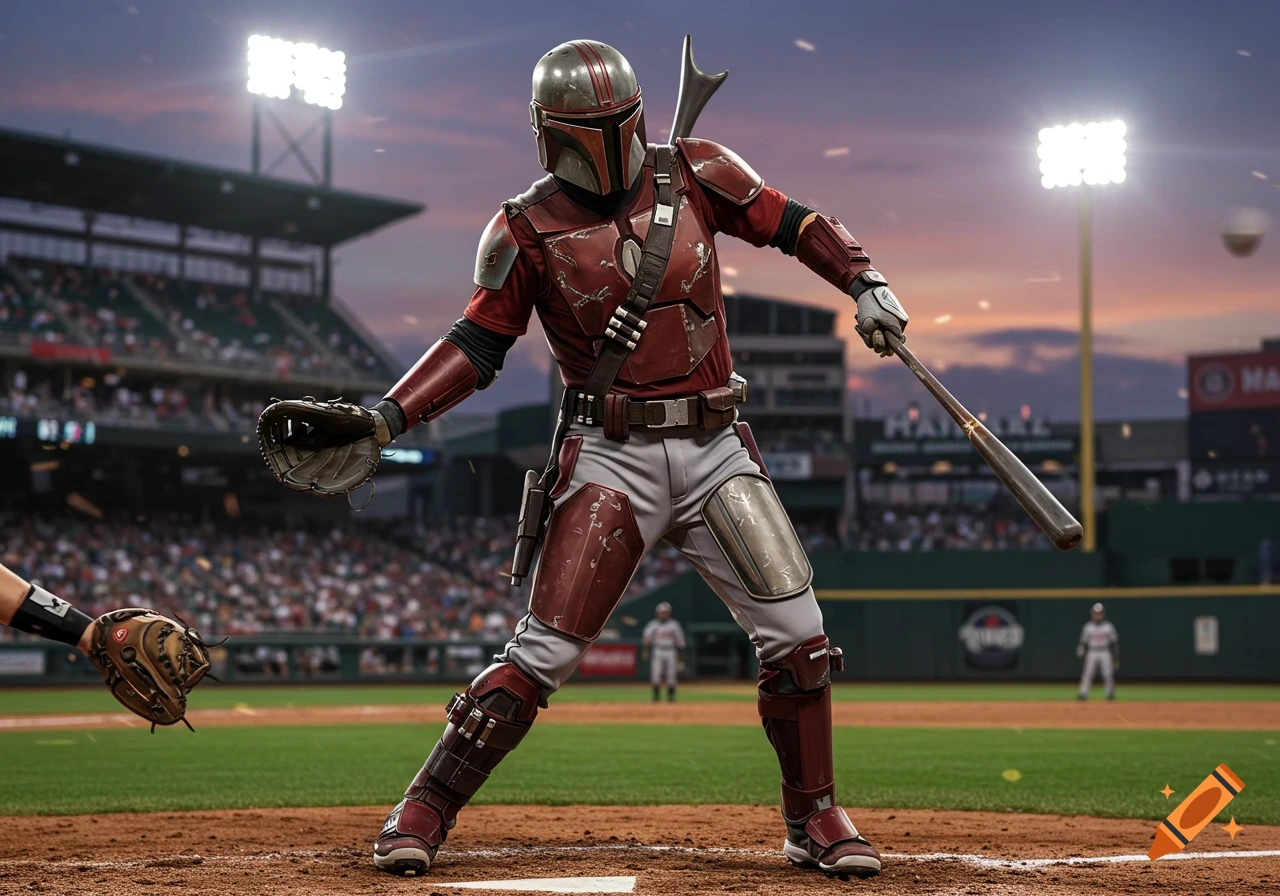 A character in red Mandalorian armor, wearing a baseball uniform, holds a bat and glove on a baseball field at sunset.