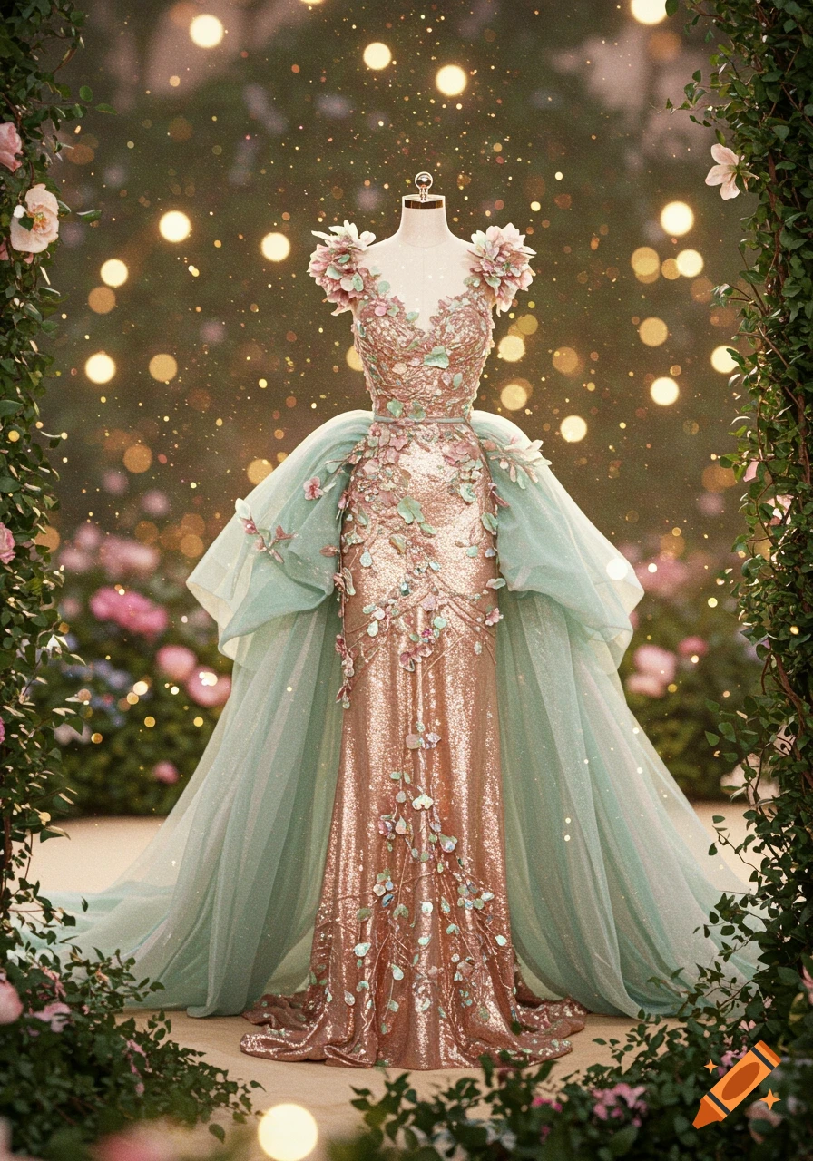 A shimmering rose gold sequined gown with mint green tulle overlays and floral appliques on a mannequin in an ethereal garden with bokeh lights.