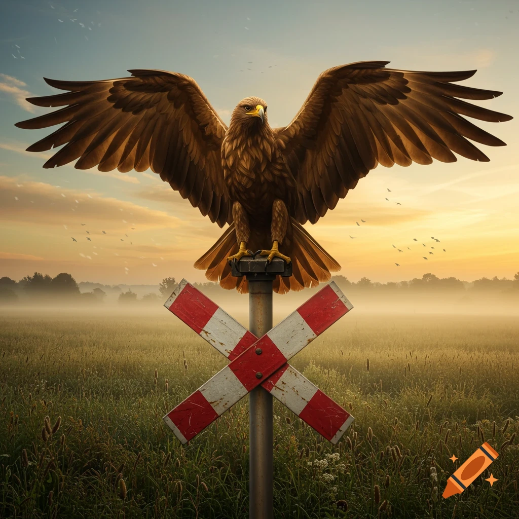 A large brown eagle with outstretched wings perches on a red and white striped railroad crossing sign in a misty green field at sunset.