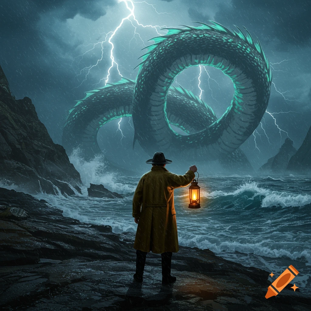 A man in a raincoat holds a lantern, looking at a giant sea serpent in a stormy ocean with lightning.