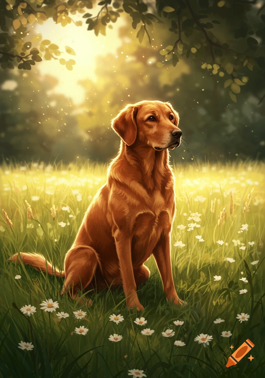 A digital painting of a golden-brown dog sitting calmly in a sunny field of green grass and white daisies under trees.