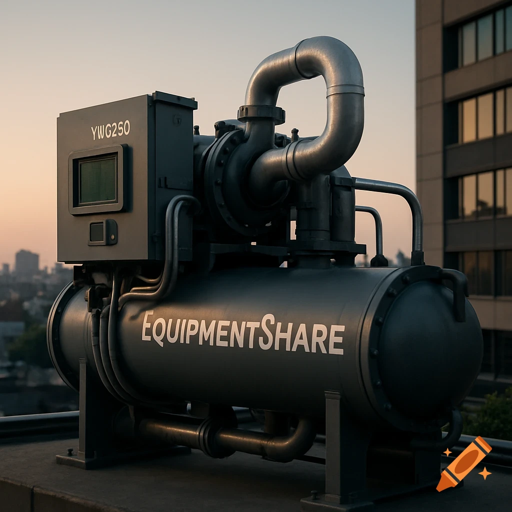 Photorealistic image of a grey industrial water chiller with pipes, set on a rooftop against a cityscape at dusk.