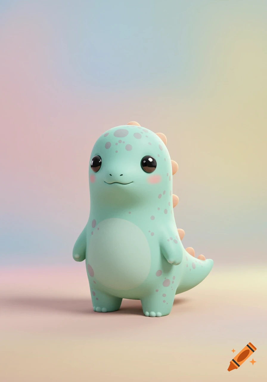 A chubby, light green cartoon dinosaur with big dark eyes, pink cheeks, and orange spikes, standing on a soft pastel background.