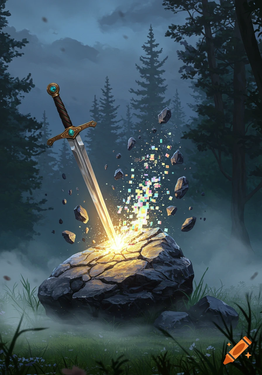 A sword pierces a rock in a misty forest, with the rock fragmenting into glowing, colorful pixels.