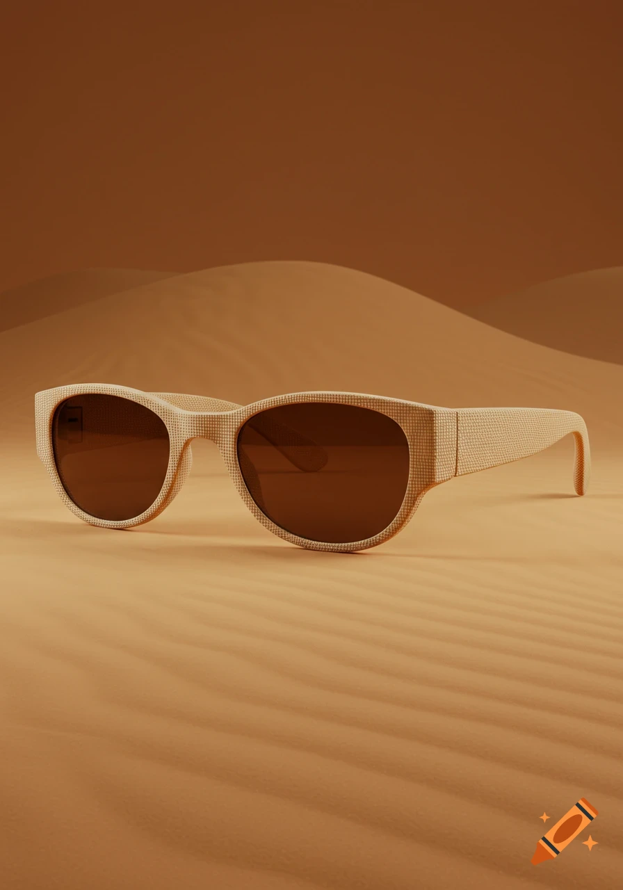 Photorealistic beige woven sunglasses with dark amber lenses resting on sand dunes.