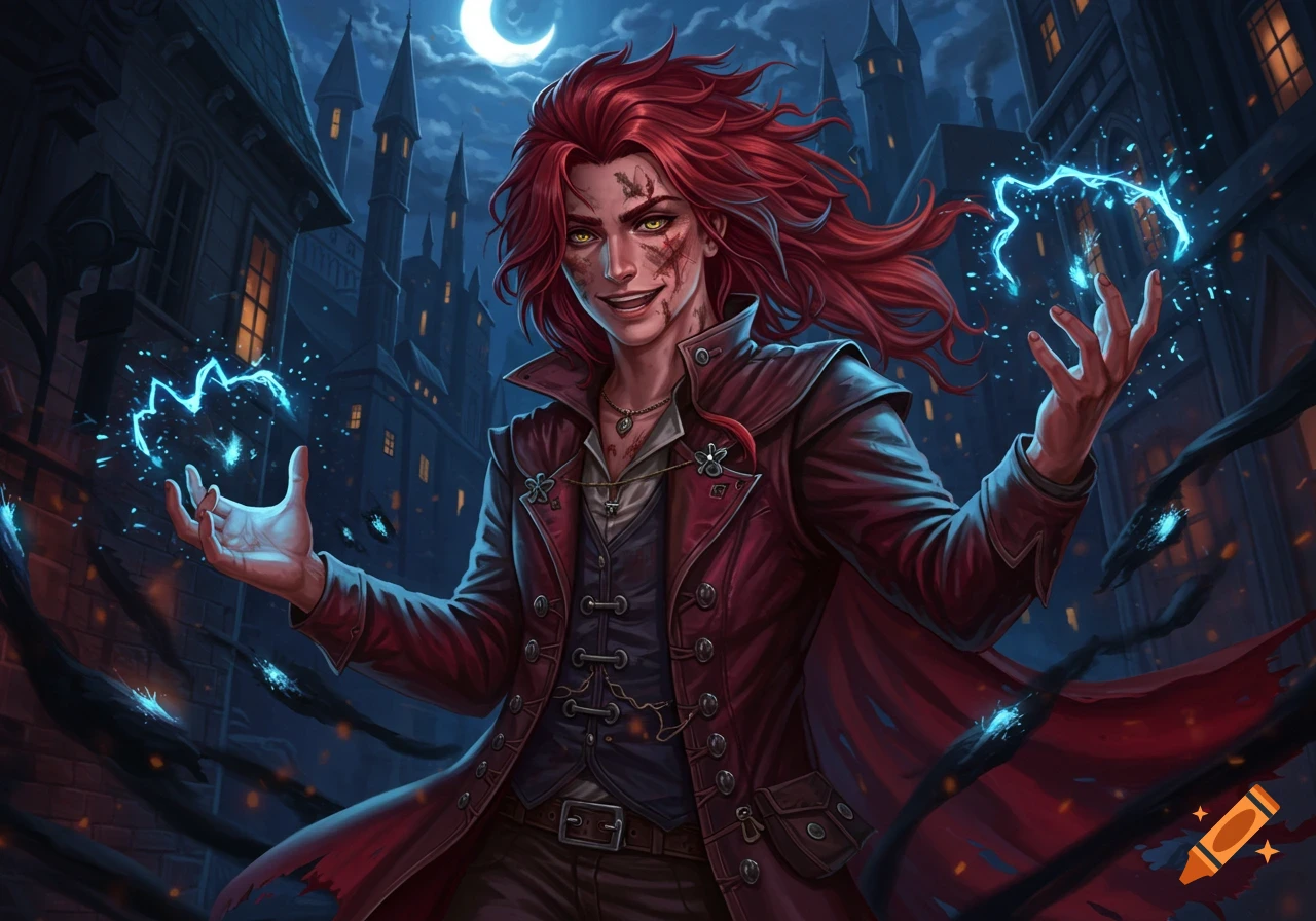 Red-haired male mage with glowing hazel eyes casting blue lightning magic on a dark city street under a crescent moon, anime art style.
