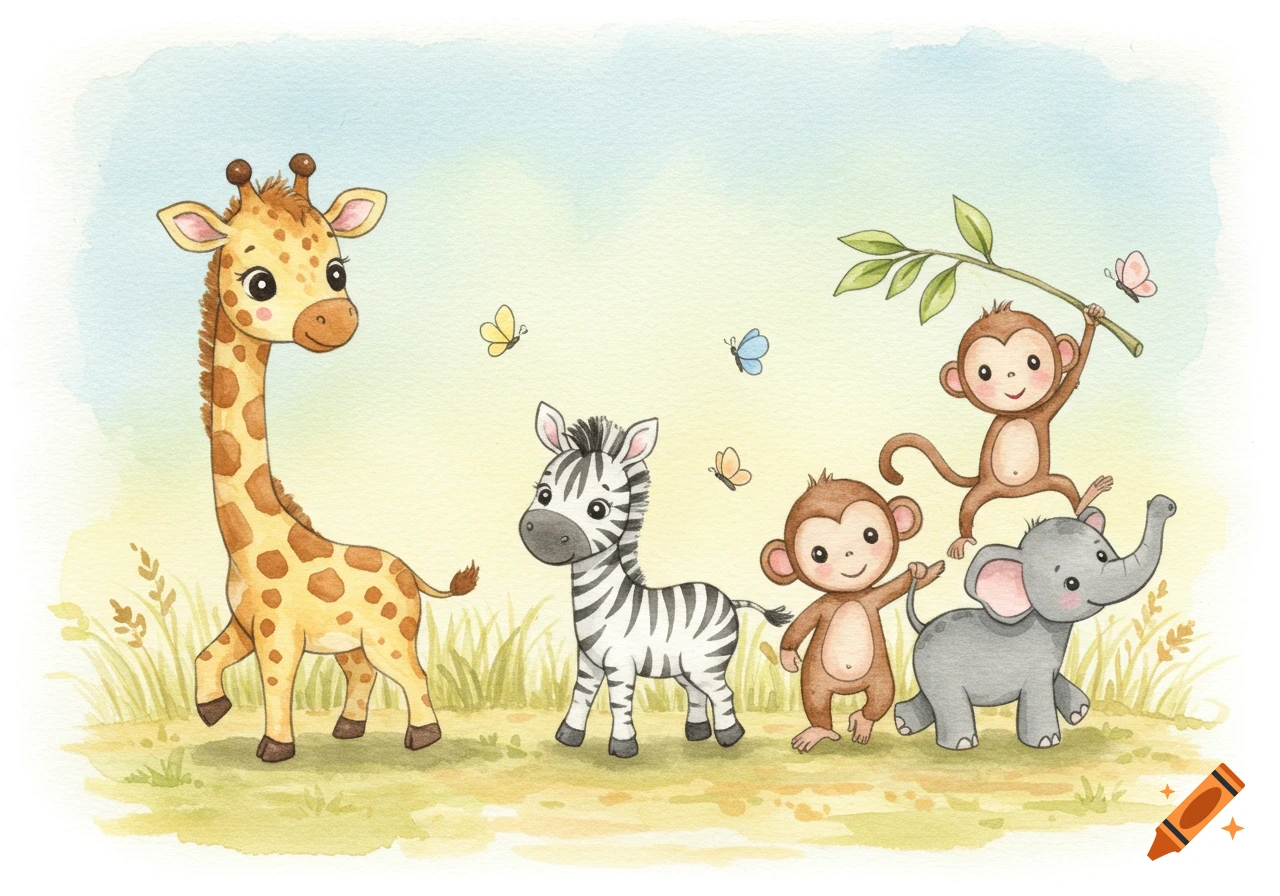 Watercolor illustration of cute baby safari animals including a giraffe, zebra, two monkeys, and an elephant walking together on a grassy savanna with butterflies.