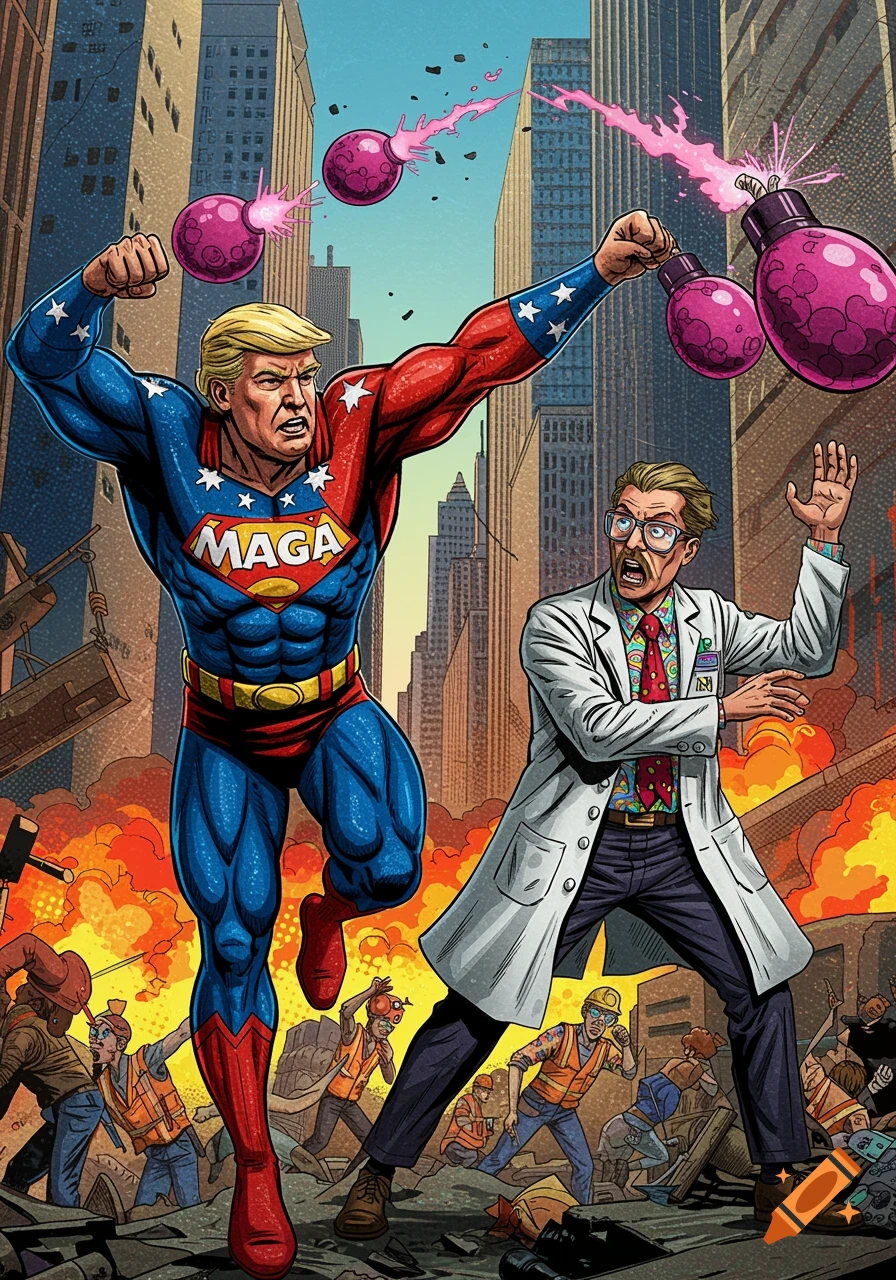 Comic art of Superhero MAGA-Man in a red, white, and blue suit fighting Dr. Woke, who throws pink bombs in a burning city.