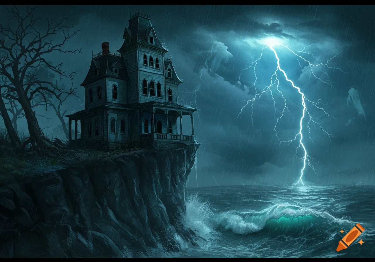 A haunted house on a cliff overlooking a stormy ocean, with lightning striking the dark sky and gnarled trees.