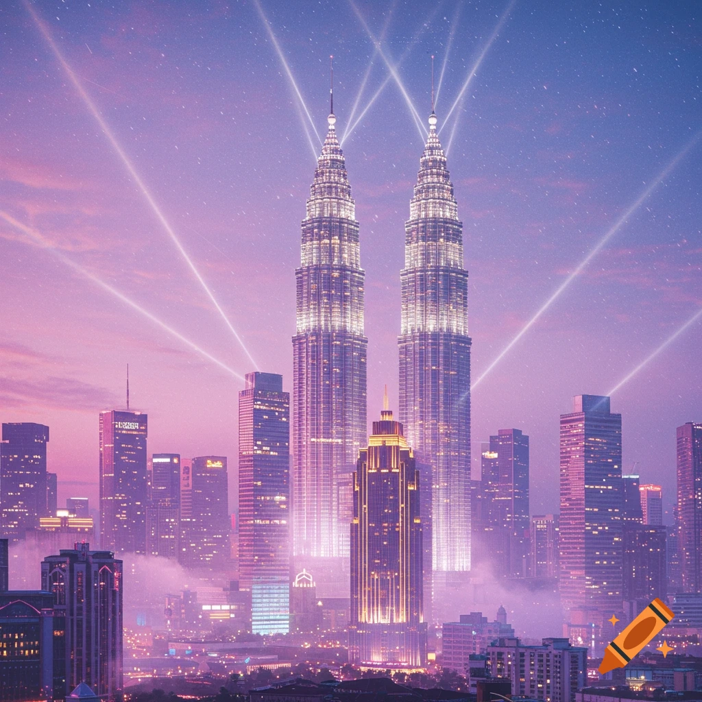 A vibrant, stylized night cityscape features the iconic Petronas Twin Towers bathed in purple and pink light, with light beams radiating from their spires into a starry sky.