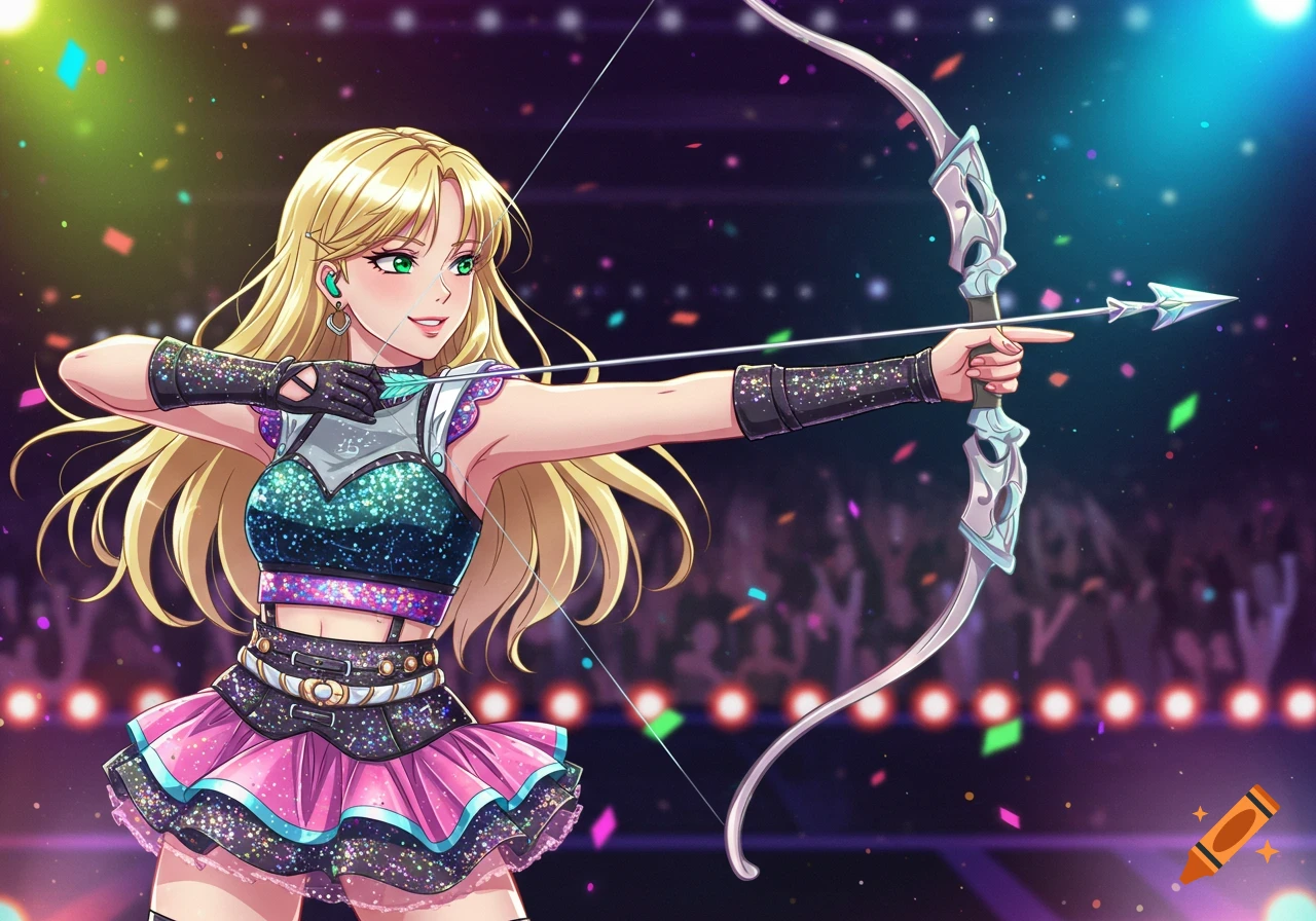 An anime-style K-pop woman with blonde hair and green eyes, wearing a sparkly outfit, holding a bow and arrow on a colorful stage.