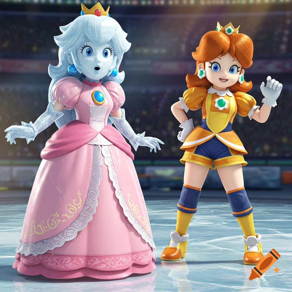 Princess Peach as a surprised ice statue beside Daisy in a sports uniform on an ice rink, in a 3D video game style.