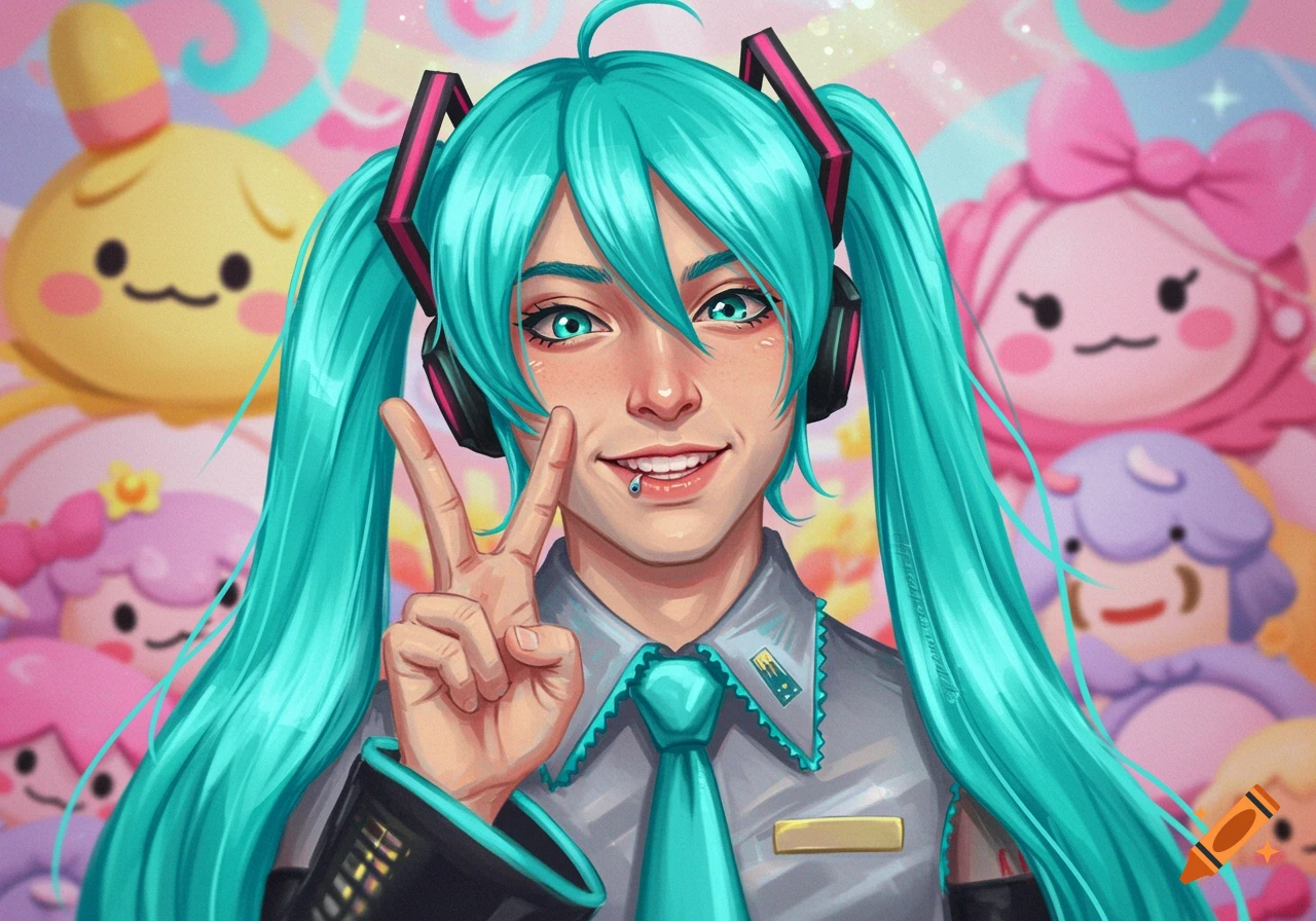 A smiling person with bright teal hair and headphones, dressed as Hatsune Miku, flashes a peace sign against a background of cute cartoon mascots.
