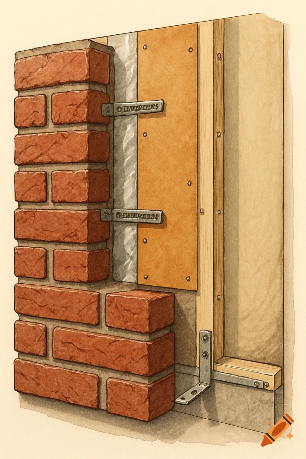 Detailed diagram of a brick veneer facade wall section showing bricks, insulation, and anchors.