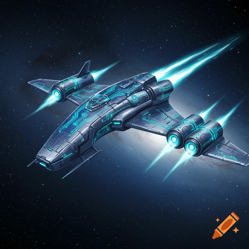 A futuristic spaceship with glowing blue circuits and bright engine trails flies through starry space.