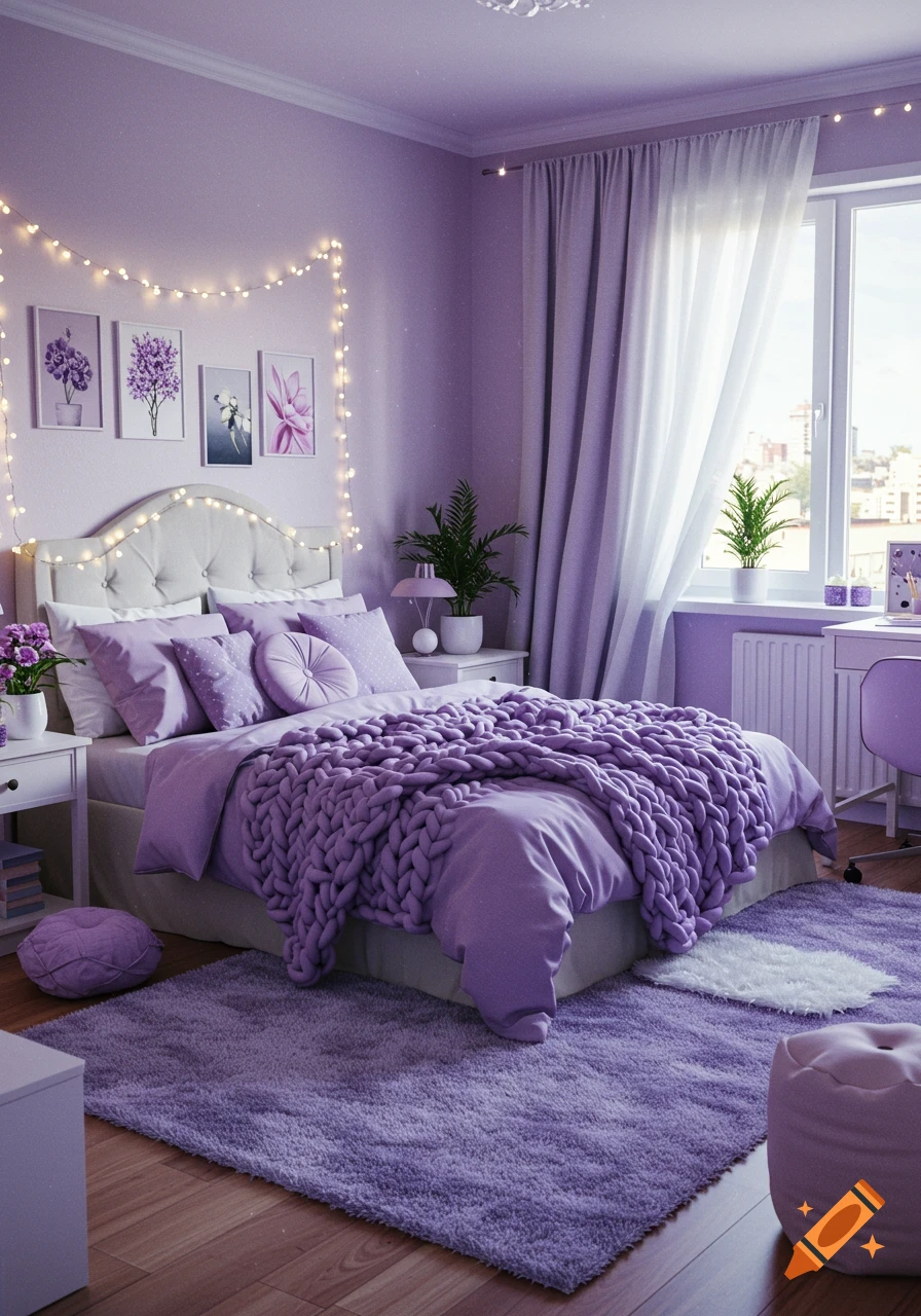 A beautiful lilac-themed bedroom featuring a large bed with a chunky knit blanket, string lights, and flower art on the walls.