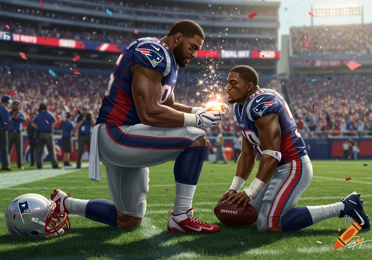 Two muscular football players, one kneeling and holding a glowing, sparking object to another player's hand on a stadium field.