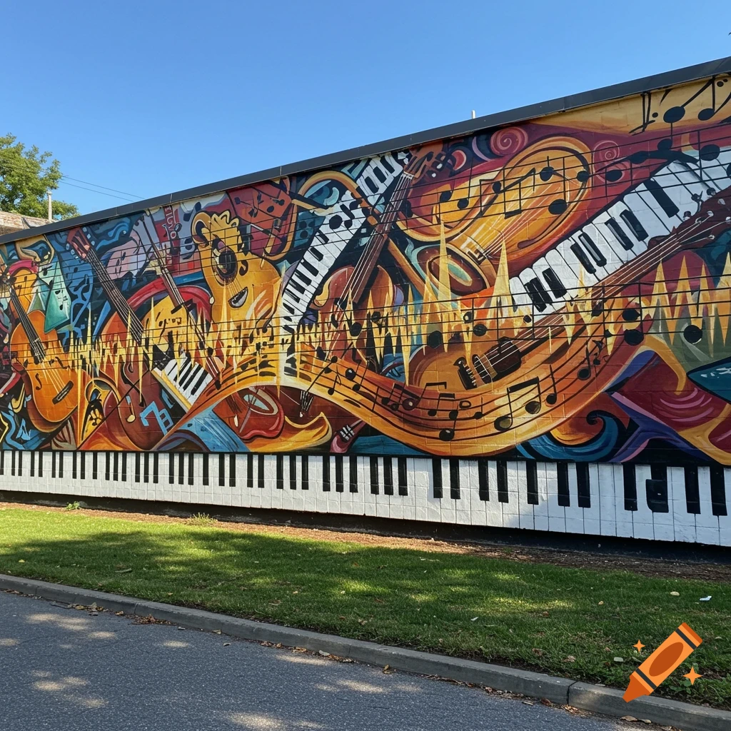 A vibrant musical mural featuring guitars, pianos, and musical notes painted on a wall under a clear blue sky.