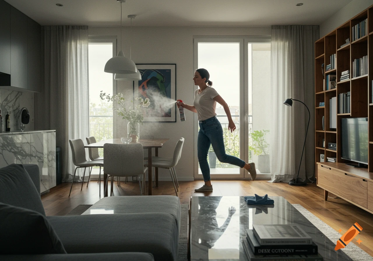 Photorealistic image of a woman scurrying through a modern apartment, spraying disinfectant into the air.