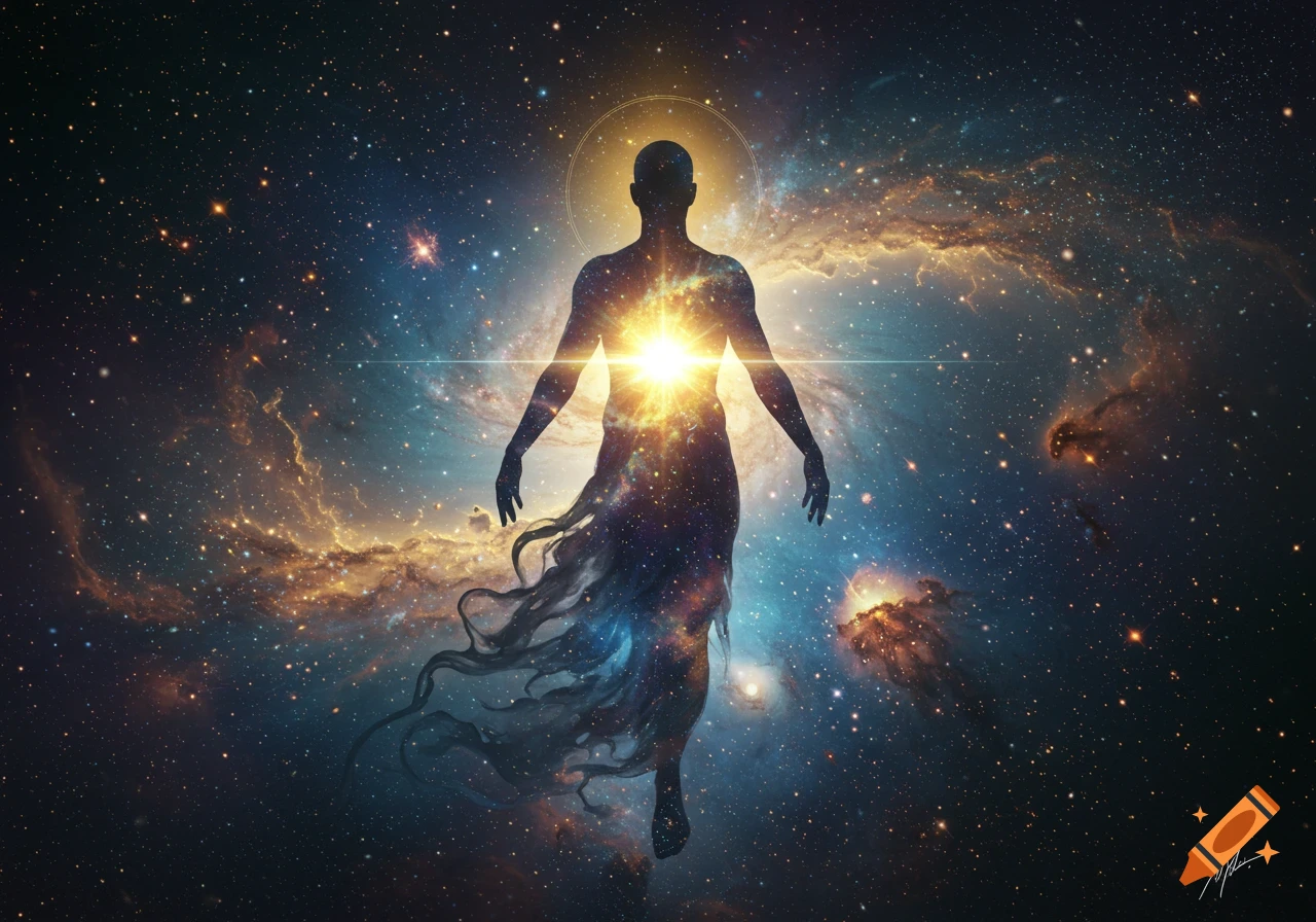A silhouetted figure with a glowing chest and head, floating in a vibrant cosmic background of stars and nebulae.