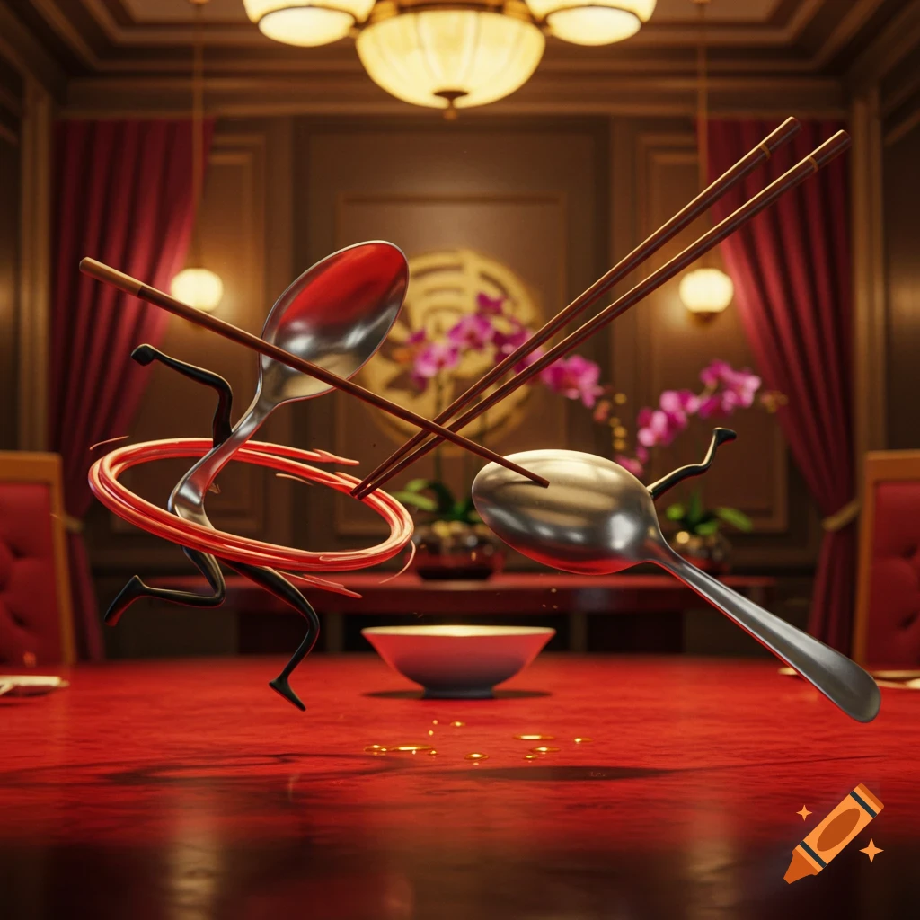 An anthropomorphic spoon with black legs and a red ring battles against chopsticks in a luxurious dining room.