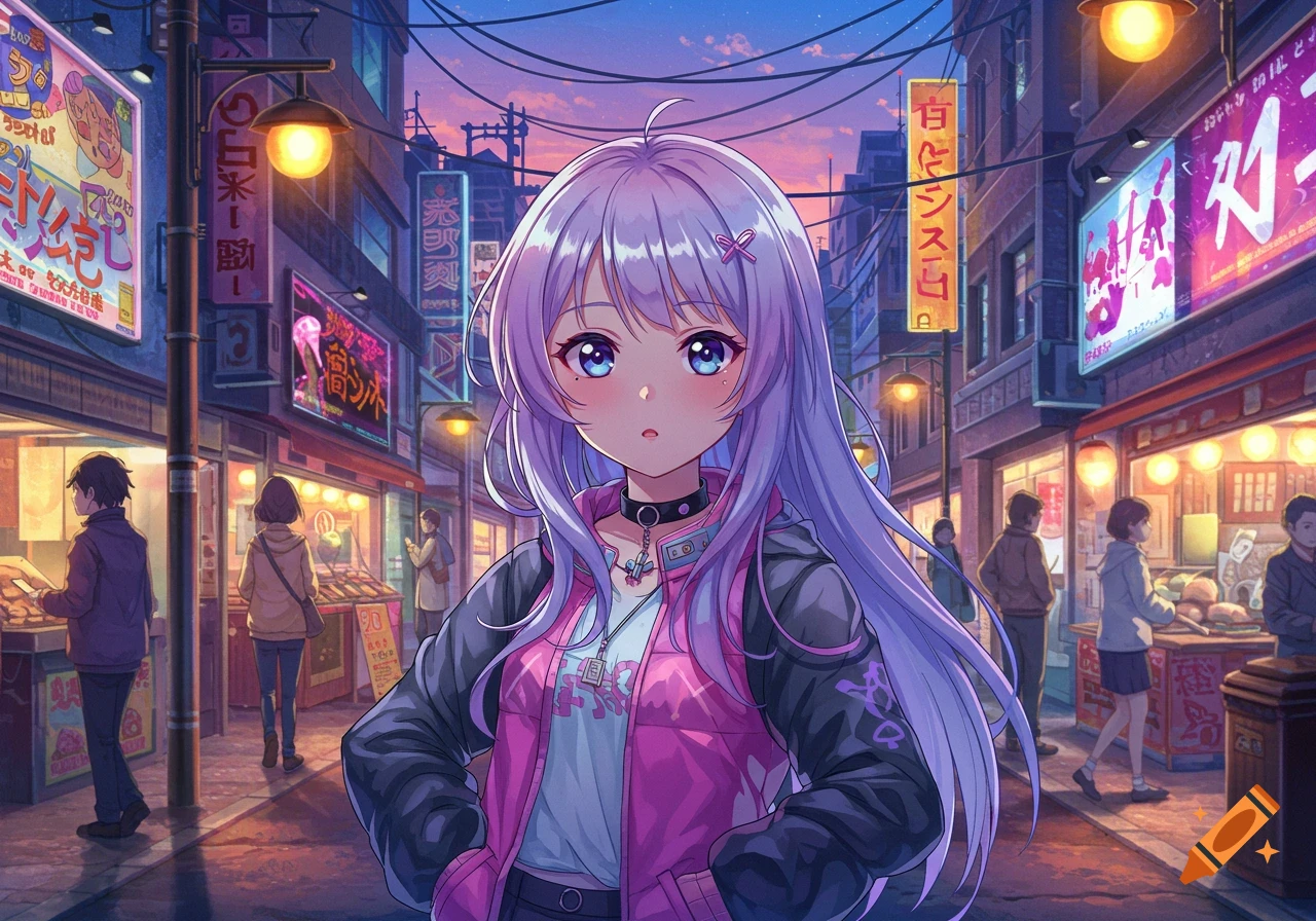 An anime girl with long purple hair and blue eyes stands in a vibrant, neon-lit Japanese street market at dusk, wearing a pink and black jacket.
