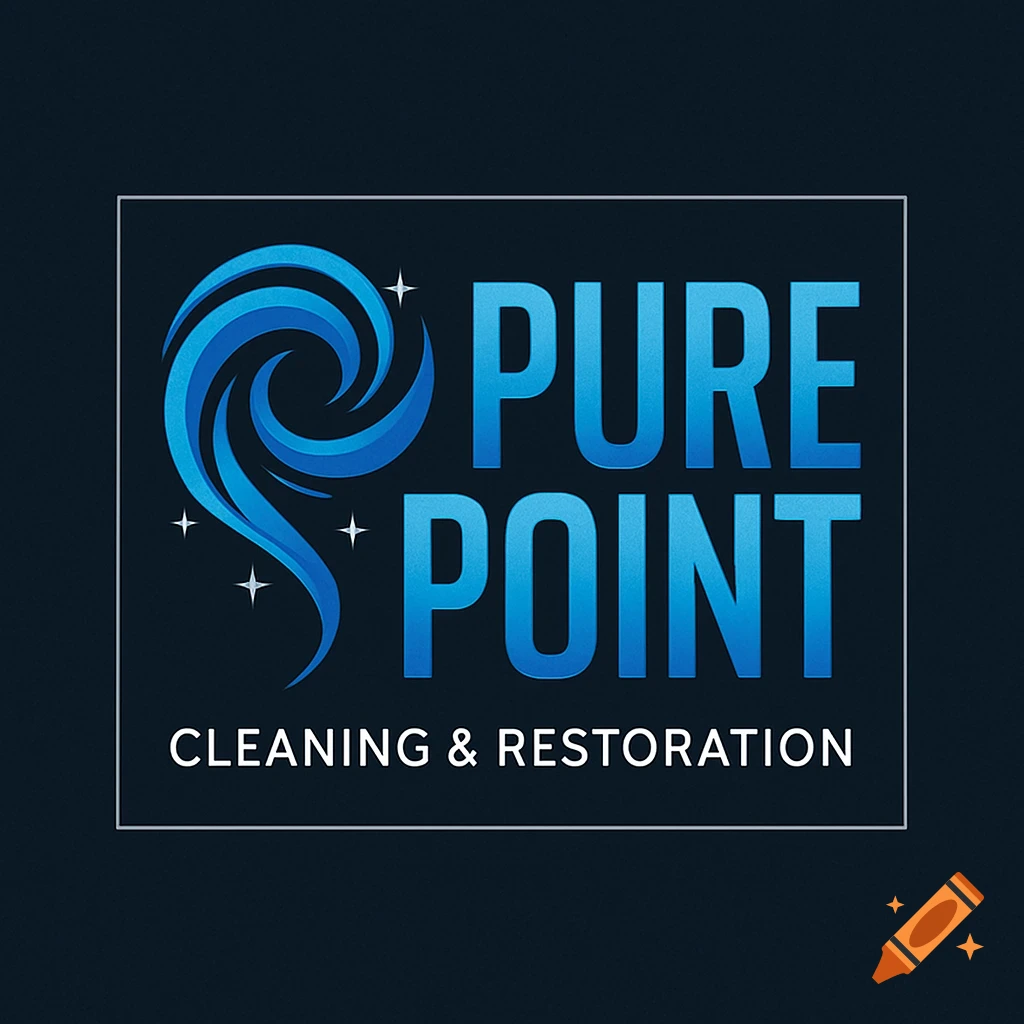 A dark blue background features a Pure Point Cleaning & Restoration logo with a blue swirling graphic and white sparkles next to the text.