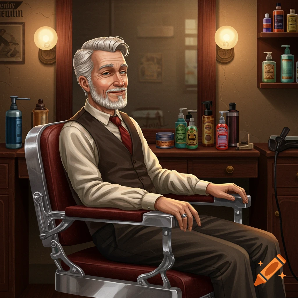 Stylized illustration of a smiling older man with a white beard sitting in a red barber chair in a classic barbershop.