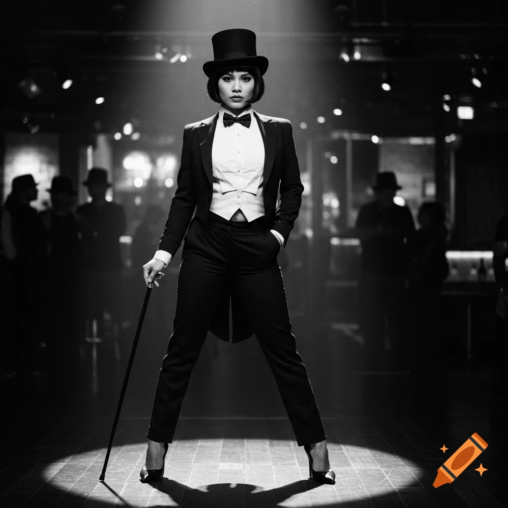 A black and white photo of a woman in a tuxedo and top hat holding a cane, standing on a spotlighted stage.